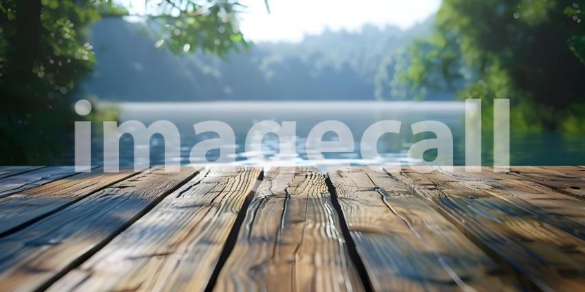 Wooden deck on the background of the lake in the forest - Ai Generated
