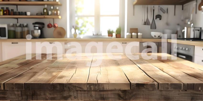 Empty wooden table and blurred kitchen interior background, product display montage - Ai Generated