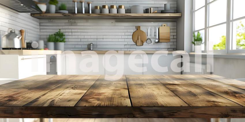 Empty wooden table and blurred kitchen interior background, product display montage - Ai Generated
