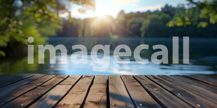 Wooden deck on the background of the lake in the forest - Ai Generated