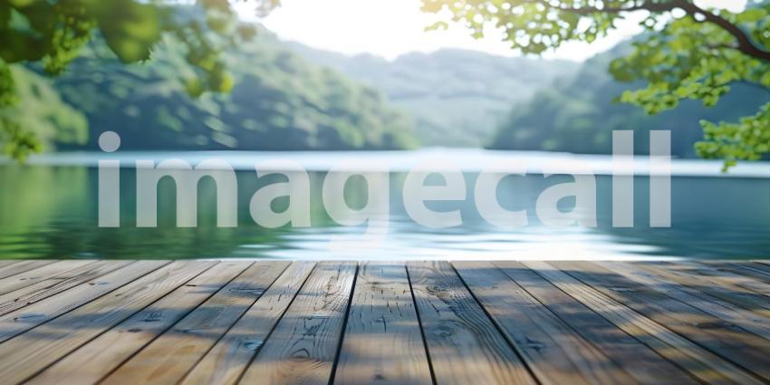 Wooden deck on the background of the lake in the forest - Ai Generated