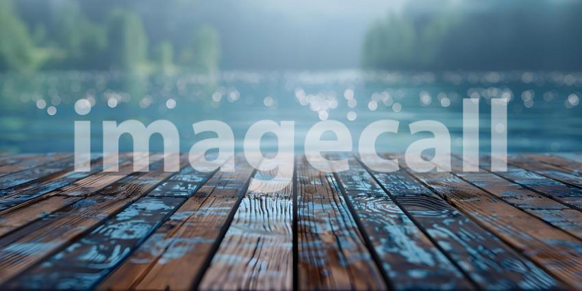 Wooden deck on the background of the lake in the forest - Ai Generated