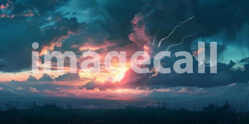 Fiery thunderstorm in the night sky over the forest, Storm on the sea, Stormy sky - Ai Generated