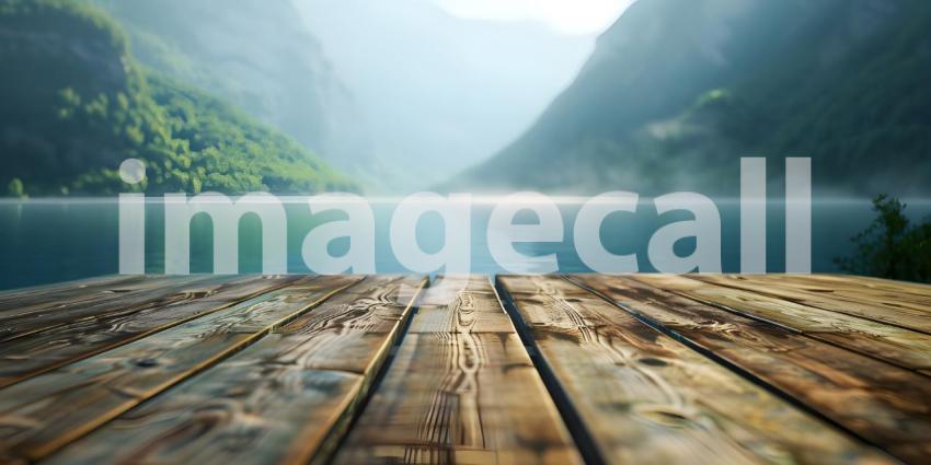 Wooden deck on the background of the lake in the forest - Ai Generated