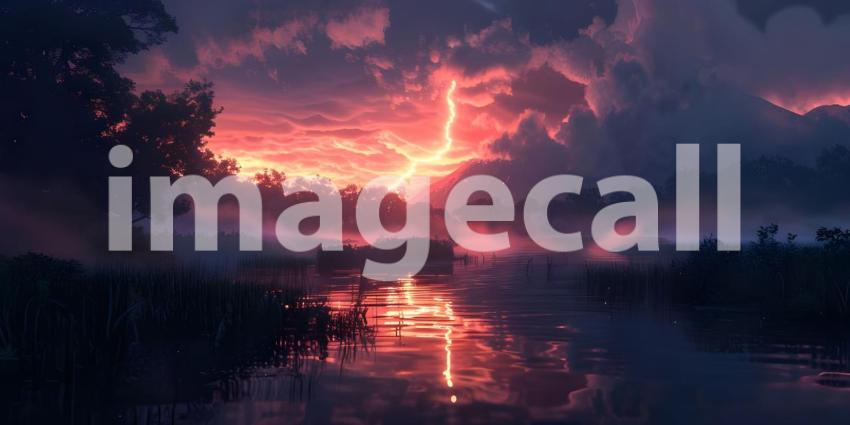 Fiery thunderstorm in the night sky over the forest, Storm on the sea, Stormy sky - Ai Generated