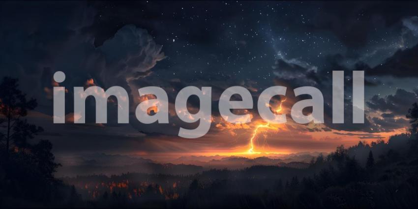 Fiery thunderstorm in the night sky over the forest, Storm on the sea, Stormy sky - Ai Generated