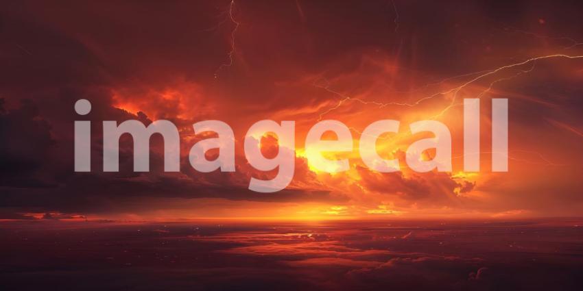 Fiery thunderstorm in the night sky over the forest, Storm on the sea, Stormy sky - Ai Generated