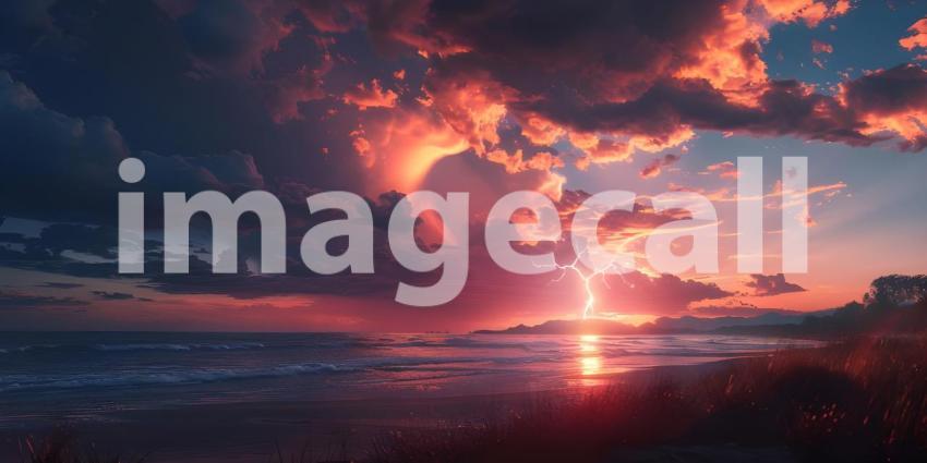Fiery thunderstorm in the night sky over the forest, Storm on the sea, Stormy sky - Ai Generated