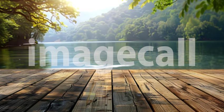 Wooden deck on the background of the lake in the forest - Ai Generated