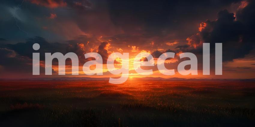 Fiery thunderstorm in the night sky over the forest, Storm on the sea, Stormy sky - Ai Generated