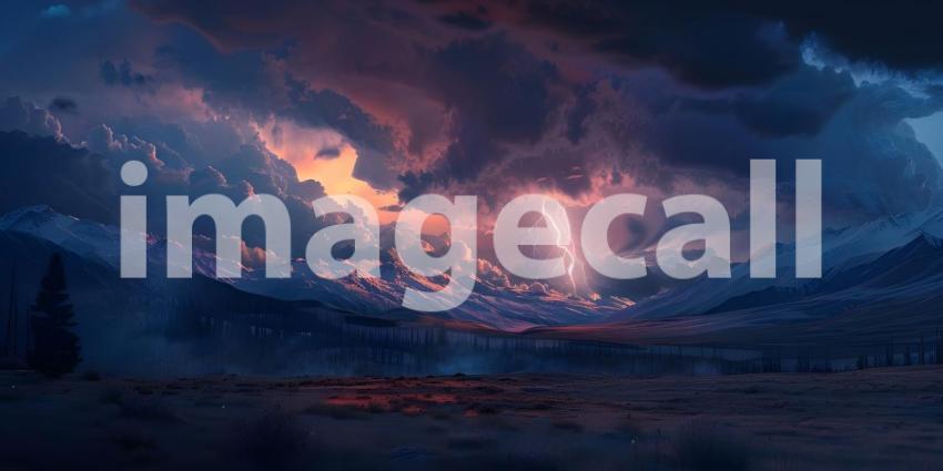 Fiery thunderstorm in the night sky over the forest, Storm on the sea, Stormy sky - Ai Generated