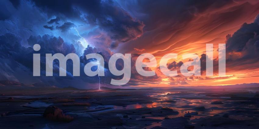 Fiery thunderstorm in the night sky over the forest, Storm on the sea, Stormy sky - Ai Generated