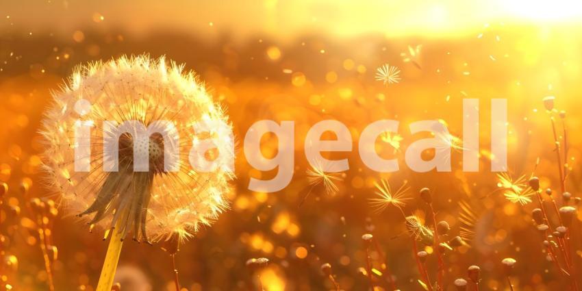 Dandelion flower in the meadow at sunset, Dandelion flower on green meadow at sunset - Ai Generated