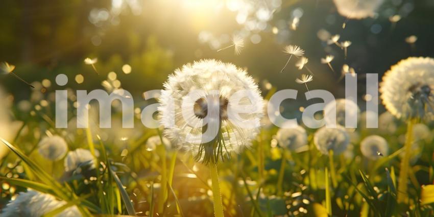 Dandelion flower in the meadow at sunset, Dandelion flower on green meadow at sunset - Ai Generated