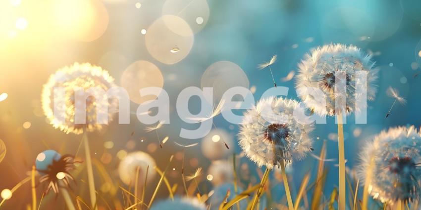 Dandelion flower in the meadow at sunset, Dandelion flower on green meadow at sunset - Ai Generated