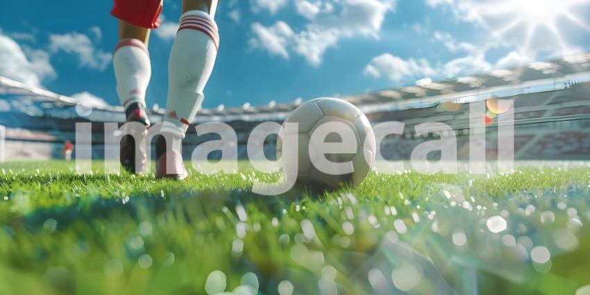 Soccer player with ball on green grass in stadium, Blurred background - Ai Generated