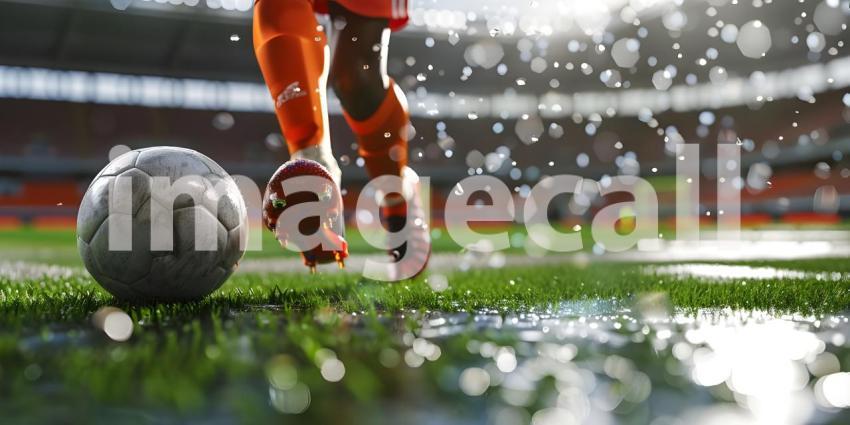 Soccer player with ball on green grass in stadium, Blurred background - Ai Generated
