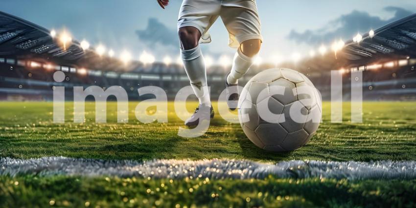 Soccer player with ball on green grass in stadium, Blurred background - Ai Generated