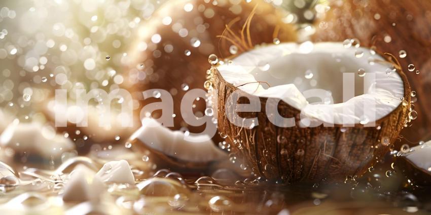 Coconut with water splashes on bokeh background, Coconut Background - Ai Generated