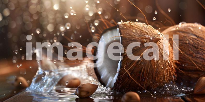 Coconut with water splashes on bokeh background, Coconut Background - Ai Generated