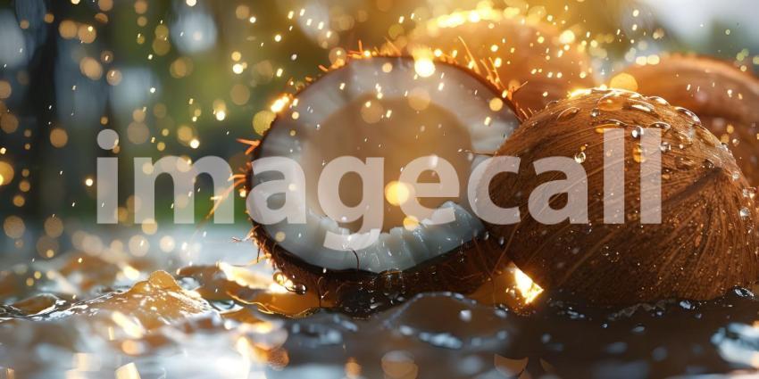 Coconut with water splashes on bokeh background, Coconut Background - Ai Generated