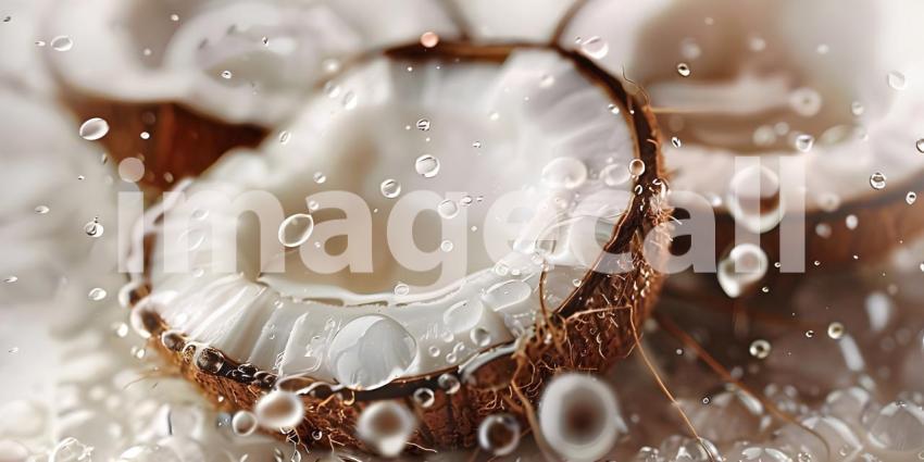 Coconut with water splashes on bokeh background, Coconut Background - Ai Generated