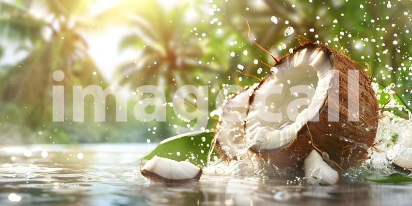 Coconut with water splashes on bokeh background, Coconut Background - Ai Generated
