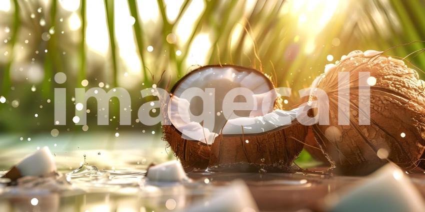 Coconut with water splashes on bokeh background, Coconut Background - Ai Generated