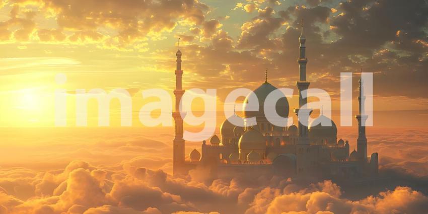 Mosque on the clouds in the sunset, Beautiful mosque in the clouds - Ai Generated