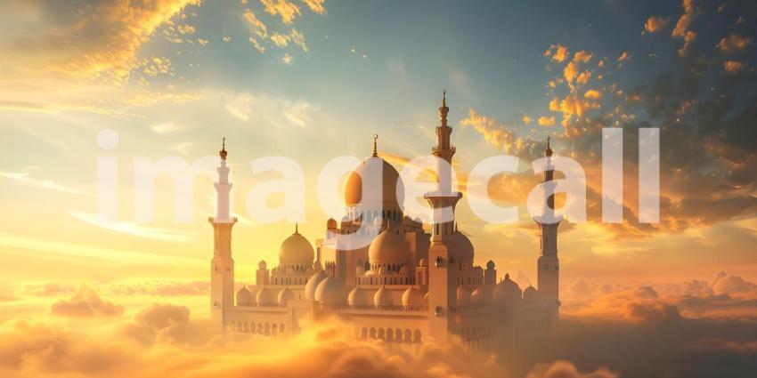 Mosque on the clouds in the sunset, Beautiful mosque in the clouds - Ai Generated