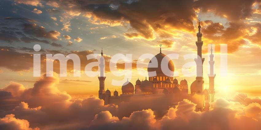 Mosque on the clouds in the sunset, Beautiful mosque in the clouds - Ai Generated