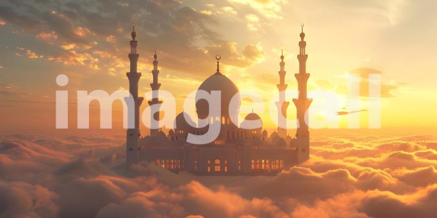 Mosque on the clouds in the sunset, Beautiful mosque in the clouds - Ai Generated
