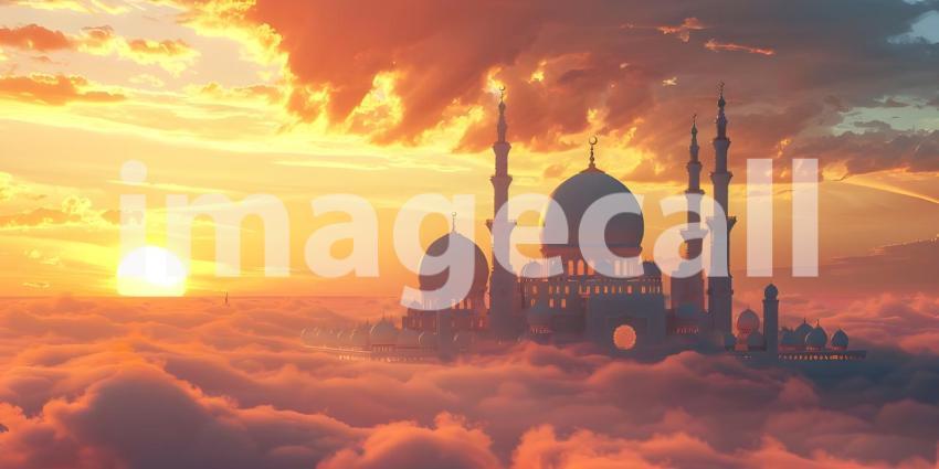 Mosque on the clouds in the sunset, Beautiful mosque in the clouds - Ai Generated