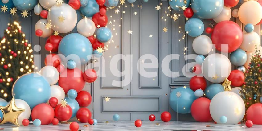 3d rendering of colorful balloons in front of the entrance to the building - Ai Generated