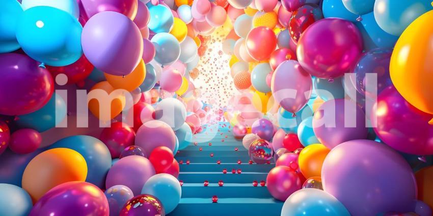 3d rendering of colorful balloons in front of the entrance to the building - Ai Generated