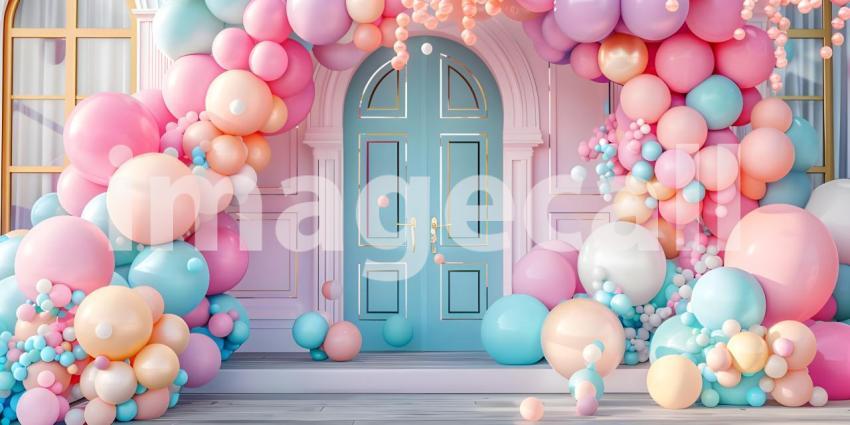 3d rendering of colorful balloons in front of the entrance to the building - Ai Generated