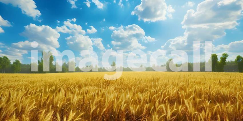 Wheat field and blue sky with clouds. Rich harvest Concept - Ai Generated