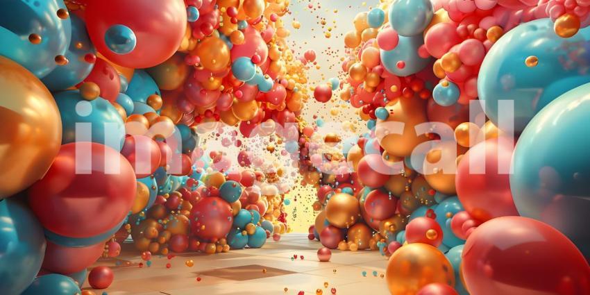 3d rendering of colorful balloons in front of the entrance to the building - Ai Generated