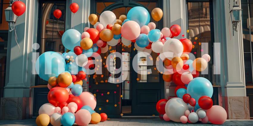 3d rendering of colorful balloons in front of the entrance to the building - Ai Generated