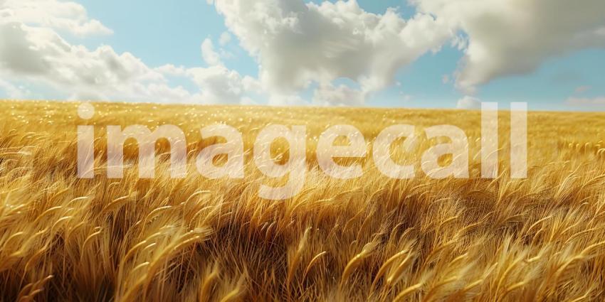 Wheat field and blue sky with clouds. Rich harvest Concept - Ai Generated