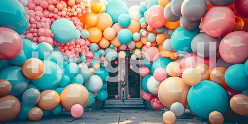 3d rendering of colorful balloons in front of the entrance to the building - Ai Generated