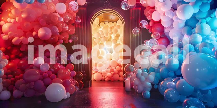 3d rendering of colorful balloons in front of the entrance to the building - Ai Generated