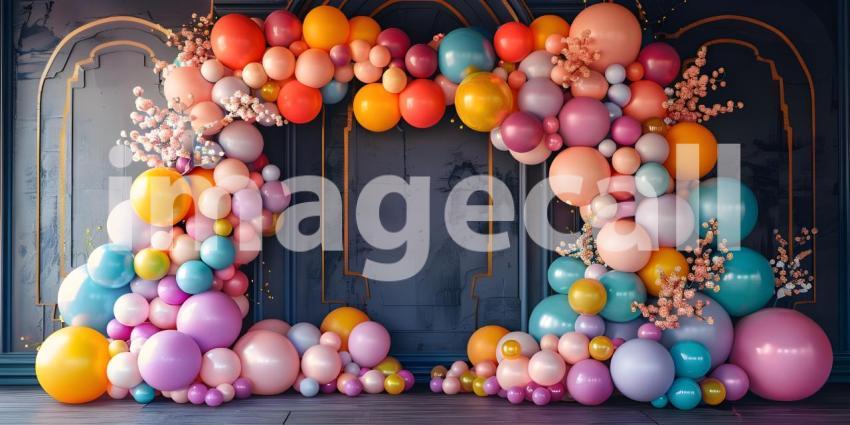 3d rendering of colorful balloons in front of the entrance to the building - Ai Generated