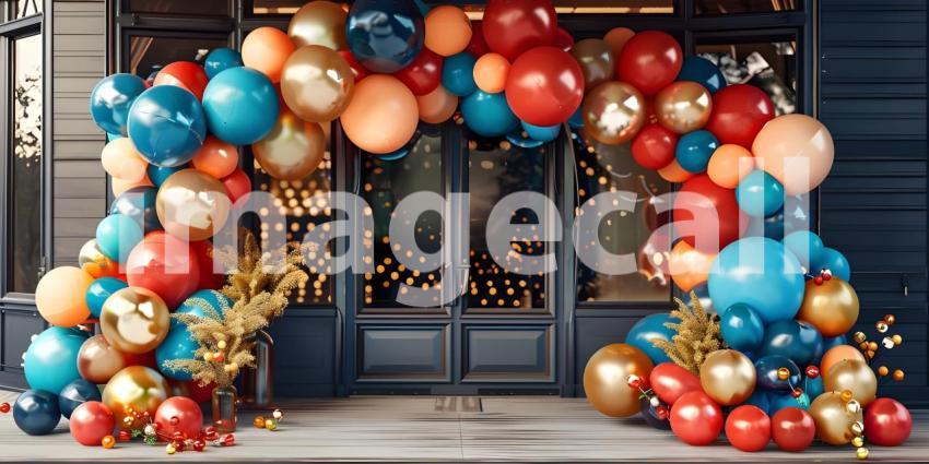3d rendering of colorful balloons in front of the entrance to the building - Ai Generated
