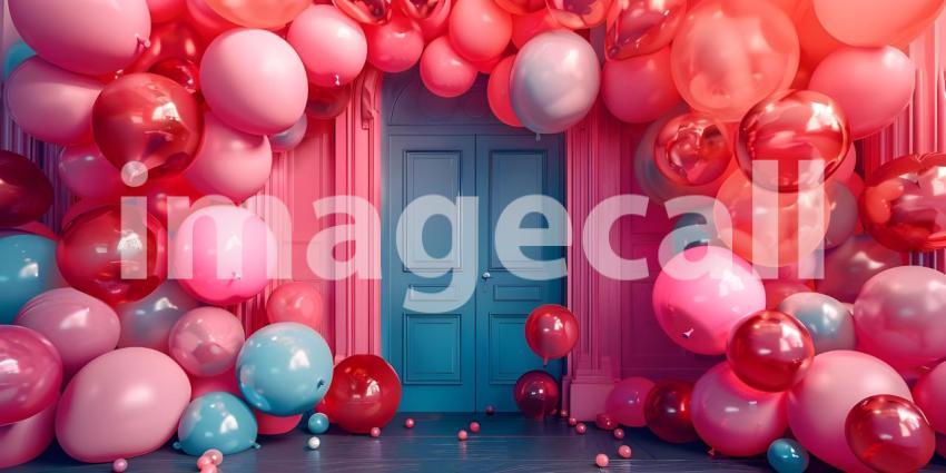 3d rendering of colorful balloons in front of the entrance to the building - Ai Generated