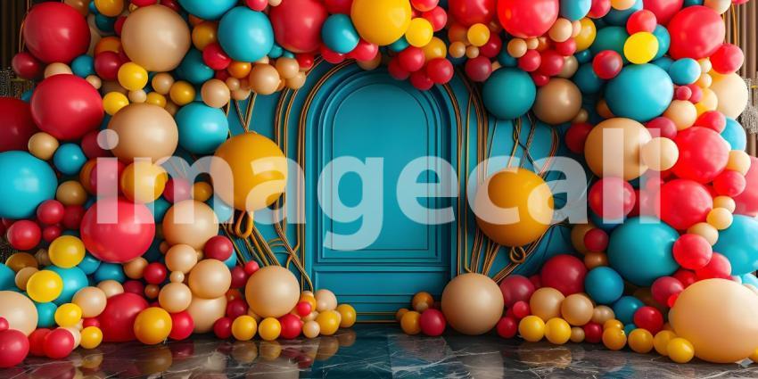 3d rendering of colorful balloons in front of the entrance to the building - Ai Generated