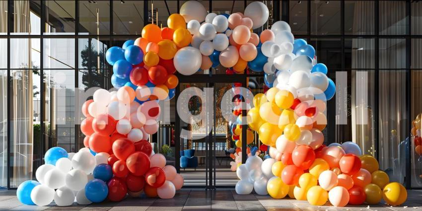 3d rendering of colorful balloons in front of the entrance to the building - Ai Generated