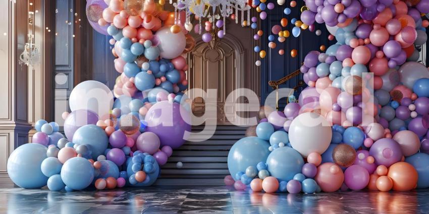 3d rendering of colorful balloons in front of the entrance to the building - Ai Generated