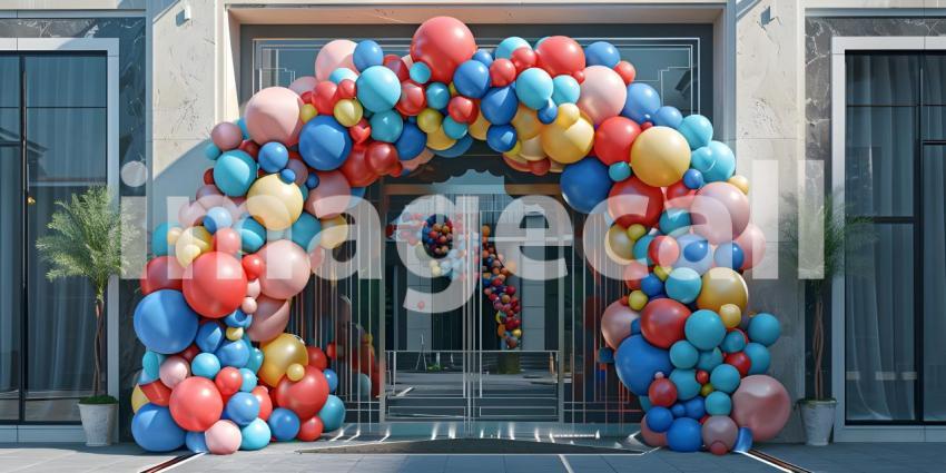 3d rendering of colorful balloons in front of the entrance to the building - Ai Generated