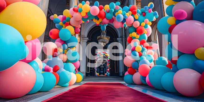3d rendering of colorful balloons in front of the entrance to the building - Ai Generated